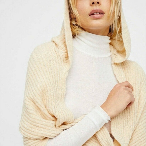 Free People Sweaters - Free People Cream Hooded Knit Wrap Scarf